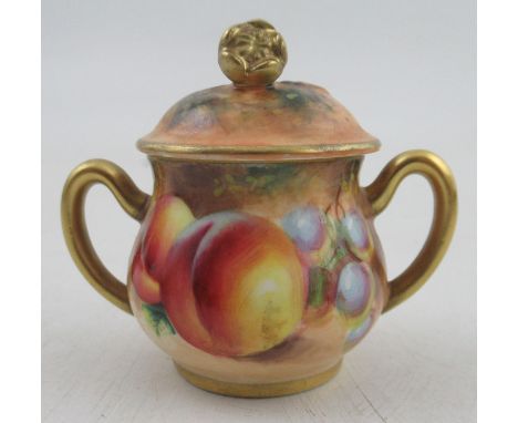 A Royal Worcester covered two handled sugar bowl, decorated with fruit by Roberts, height 2.25ins