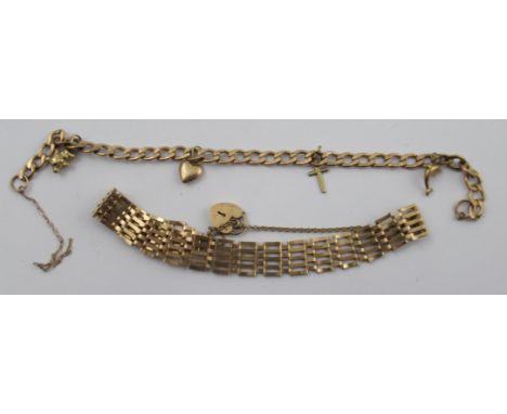 A 9ct yellow gold gate bracelet, with padlock clasp, weight 6.2g, together with a 9ct gold flat curb link bracelet suspending