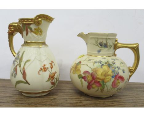 Two Royal Worcester gilt ivory jugs, decorated with flowers, shape No 1376, height 4.25ins and shape No 419, height 5ins&nbsp