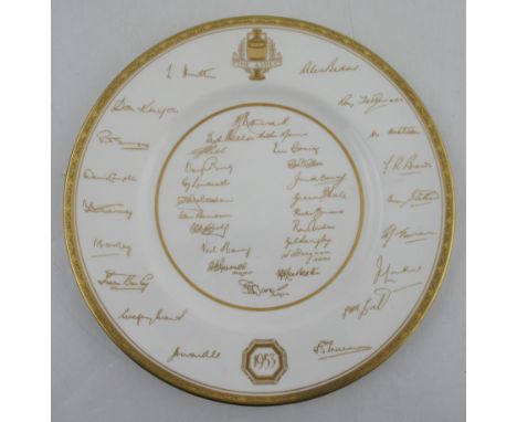 A Royal Worcester Ashes plate, with facsimile signature in gilt of the England and Australian cricket teams, including Len Hu