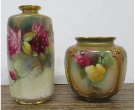 A Royal Worcester cylindrical vase, decorated with roses by Fildes, shape No 2597, height 5ins, together with a Worcester cov