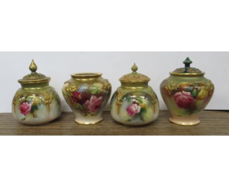 Four small Royal Worcester and Hadley vases, decorated with flowers and roses, three with associated covers, height 4.5ins an
