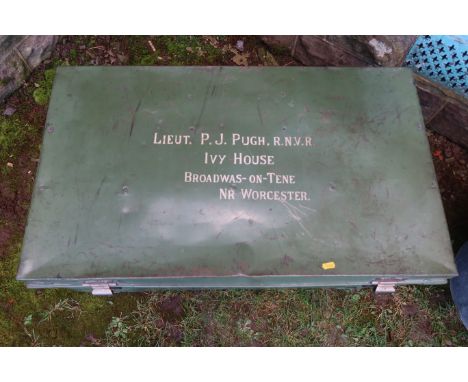 A tin trunk, belonging to Lt P.J, Pugh RNVR Ivy House Broadwas-on-Teme Nr. Worcester, width 36ins&nbsp;