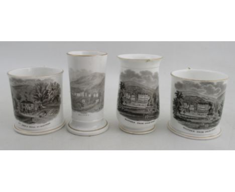 Two 19th century mugs, together with two 19th century vases, with transfer prints of views of Malvern, including St. Ann's We