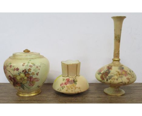 A Royal Worcester blush ivory vase, shape No 991, height 3ins, together with a blush ivory pot pourri with associated inner c