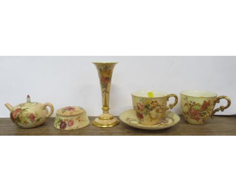 Two Royal Worcester blush ivory cups, and a saucer, miniature tea pot, patch box and cover and slender vase, all in as found 