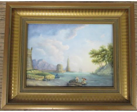 A rectangular porcelain plaque, decorated with a marine scene with figures in a lighthouse by Royal Worcester Artist Frank Cl