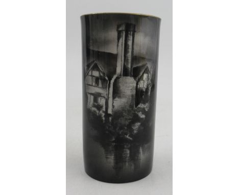 A cylindrical Royal Worcester vase, decorated in black sepia colours, inscribed to the back " A Worcestershire chimney", heig