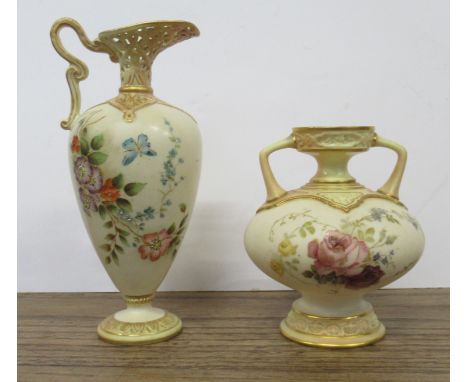 A Royal Worcester blush ivory ewer, with pierced neck, shape No G965, height 6.75ins, together with a small bulbus gilt ivory