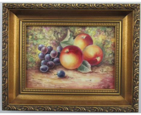 A Royal Worcester framed rectangular plaque, decorated with fruit by Skerrett, 5ins x 7ins   