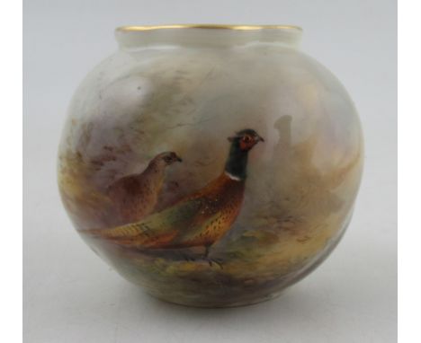 A Royal Worcester wrythen shaped vase, decorated with cock and hen pheasants by James Stinton, shape No. G161