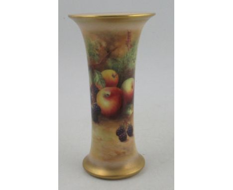 A Royal Worcester spill vase, decorated half round with hand painted fruit by Horace Price, shape No. G923, height 7.5ins&nbs