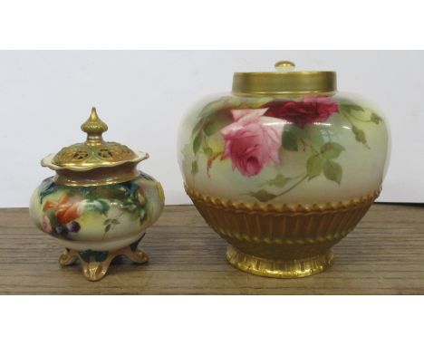 A Royal Worcester pot pourri, decorated with roses, with associated inner cover, lacking outer cover, shape No. 1286, height 