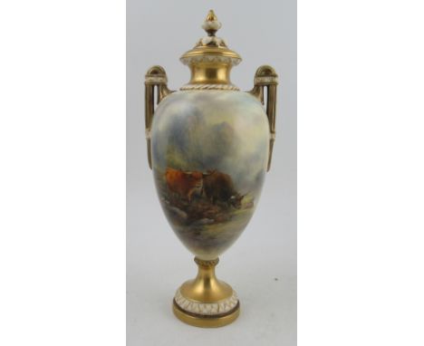 A Royal Worcester twin handled vase and cover, decorated with Highland cattle in landscape by John Stinton puce mark, height 