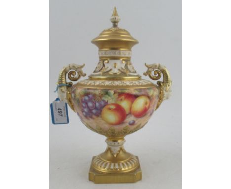 A Royal Worcester covered vase, decorated with hand painted fruit all round by Freeman, shape 1572, medium size, height 11ins