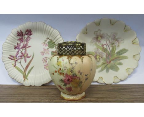 Two Royal Worcester gilt ivory plates, decorated with flowers, diameter 8.5ins, together with a blush ivory pot pourri, shape