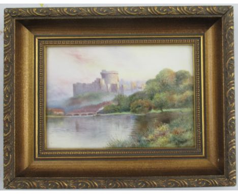 A Royal Worcester framed plaque, painted with a scene of Windsor Castle, by the Thames,&nbsp;by Arthur Badam, with certificat