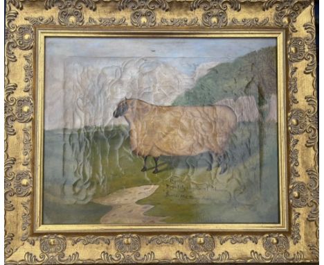 In the style of Whitford , a Primitive sheep in a landscape inscribed "1st Prize Royal Agricultural Show bred by Mr E Tanner 