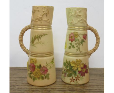 Two similar Royal Worcester jugs, decorated with flowers on a blush ivory ground, shape No 1047, height 5ins&nbsp;