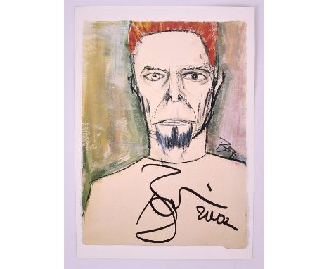 David Bowie - 2002 Bowieart self-portrait postcard, signed on front in black pen and dated 2002, 15 x 21 cm. With hand signed