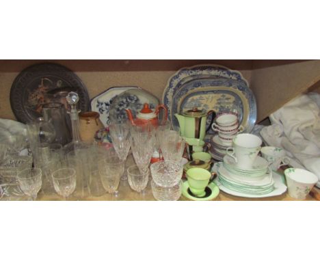 Glass vases together with glass decanters, drinking glasses, blue and white pottery plates, Shelley part tea set, Carltonware