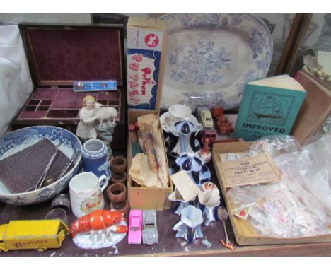 A Victorian rosewood jewellery box together with a blue and white bowl, Pelham puppet, stamps, toy cars etc