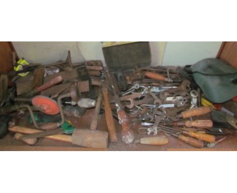 Assorted tools including screwdriver, planes, wrenches etc