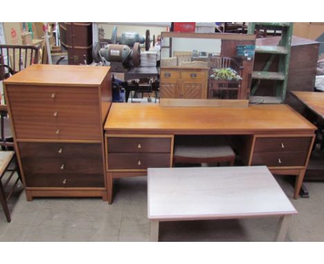 A Uniflex teak dressing table, stool and tallboy, together with a limed oak table and a wooden step ladder