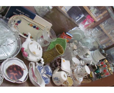 A large lot including part tea sets, decanters, glasses, vases, carnival glass, kitchen scales etc