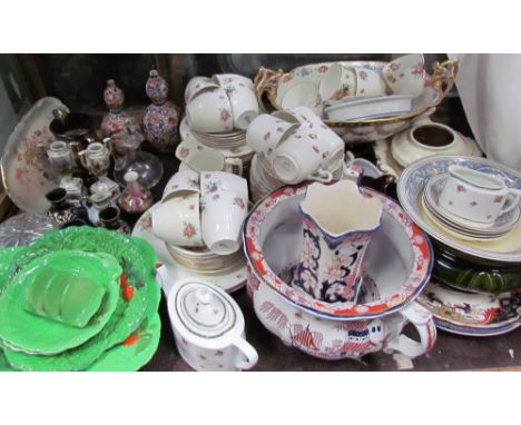 A Royal Doulton part tea service together with other part tea services, leaf moulded dishes, Japanese Imari vases, copper lus