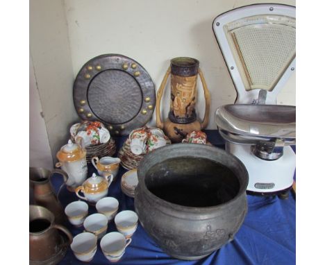 A scales together with a jardiniere, Bretby vase, part tea set etc