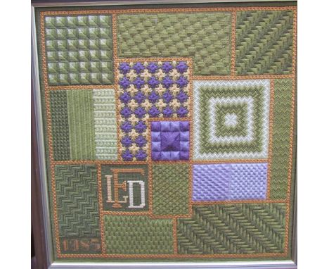 A large quantity of tapestry pictures by Linda Fidler, including abstract and floral depiction