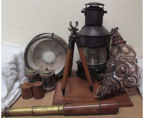 A J.A Donohoe three drawer brass and leather telescope, together with a gimbal mounted compass, miniature lamps, tripod, and 
