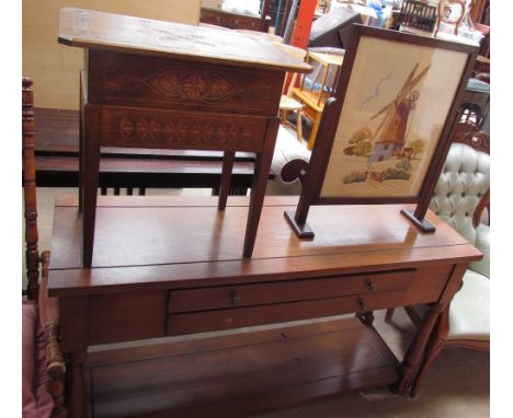 A modern console table with two drawers together with a sewing table and an embroidered fire screen