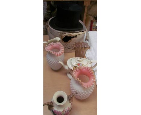 A top hat together with opaque glass vases, pottery teapot, stamp albums etc