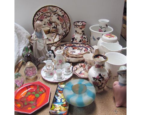 Assorted Masons Mandalay pattern pottery together with Nao figures, glass paperweights etc