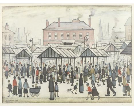 Laurence Stephen Lowry R.A. (British, 1887-1976)Market Scene in a Northern Town Offset lithograph printed in colours, 1973, o
