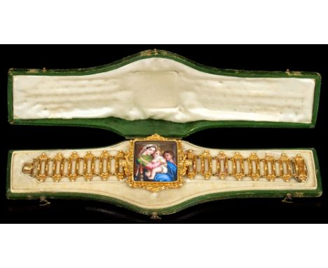 Mid-19th century Swiss enamel and yellow metal bracelet, the central polychrome enamel panel depicting a painting after Rapha