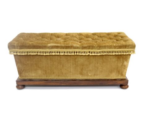 Victorian rosewood framed ottoman of large size, velvet button upholstered with hinged seat on squat bun feet