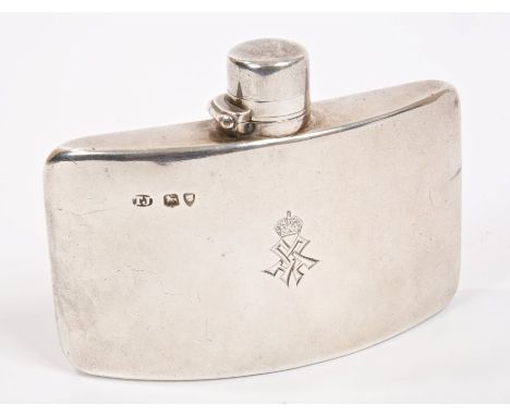 HM Queen Alexandra - Royal Presentation silver hip flask with engraved crowned A monogram, of curved form, with hinged screw-