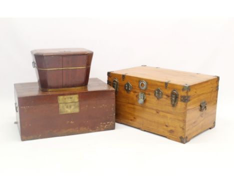 Antique Chinese hardwood trunk with flanking carrying handles, 77cm wide, together with a Chinese red lacquered trunk with or