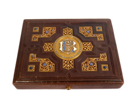 Fine late 19th century Imperial Austrian presentation tooled leather document box with enamelled ormolu mounts with lapis laz