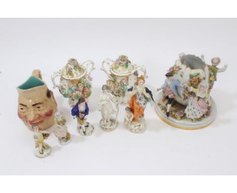 Late 19th century German porcelain egg-shaped ornament with figure and applied floral spray decoration and five other Contine
