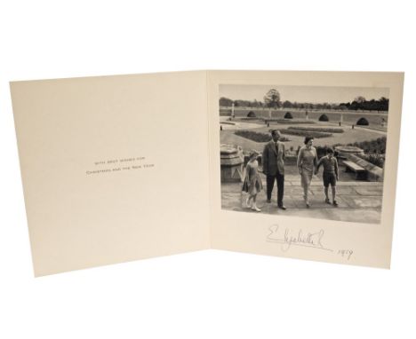 HM Queen Elizabeth II - signed 1959 Christmas card with gilt embossed crown to cover and black and white photograph to the in