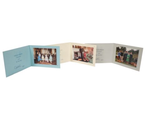 HM Queen Elizabeth II - three signed Christmas cards for 1978, 1979 and 1980 - all with twin gilt embossed Royal cipher to co