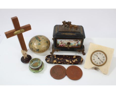 A collection of vertu items - including Georgian tortoiseshell glasses case, ivory mounted desk clock, small Japanese carved 