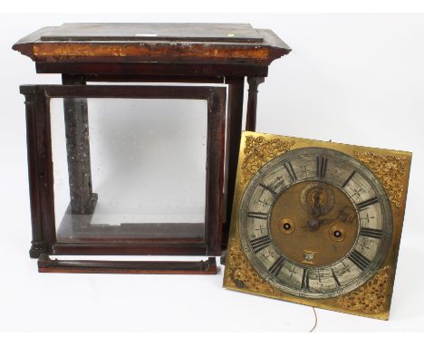 Early 18th century eight day longcase clock movement with gilt and silvered square 11 inch dial with subsidiary seconds and d