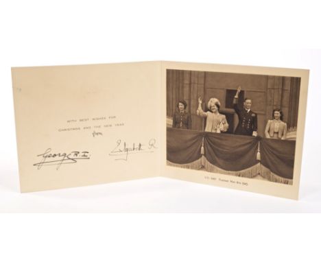 TM King George VI and Queen Elizabeth - signed 1945 Christmas card with gilt embossed crown to cover, black and white photogr