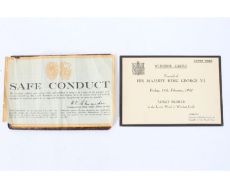 The Funeral of HM King George VI - 15th February 1952 - Invitation to the Funeral and a rare Safe Conduct leaflet dropped ove