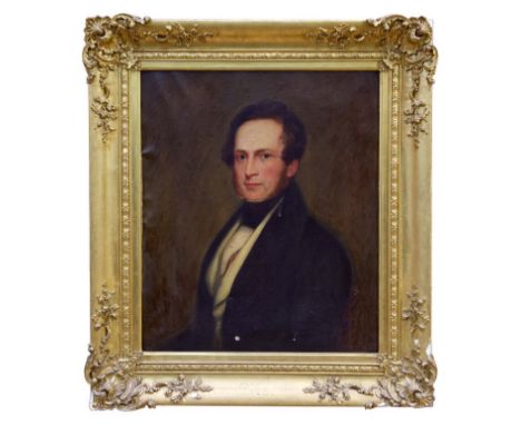 Mid-19th century English School oil on canvas - portrait of a gentleman in black coat, in gilt frame, 74cm x 62cm